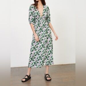 MAJE ROMANTICA SHIRRED FLORAL-PRINT SLUB
WOVEN MIDI DRESS in L